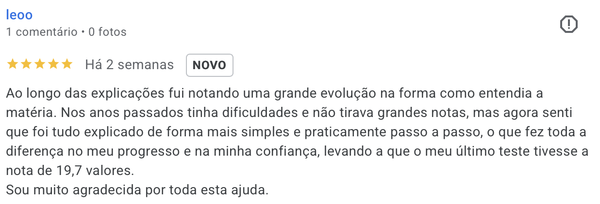 Avaliacao Google 5 estrelas: aluna melhorou a nota para 19,7 valores com as explicacoes da Matematica com Logica.